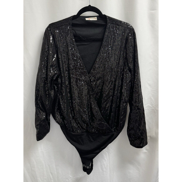 Intempo Black Sequin Bodysuit Long Sleeves Women's Plus Size 1X - Picture 1 of 7